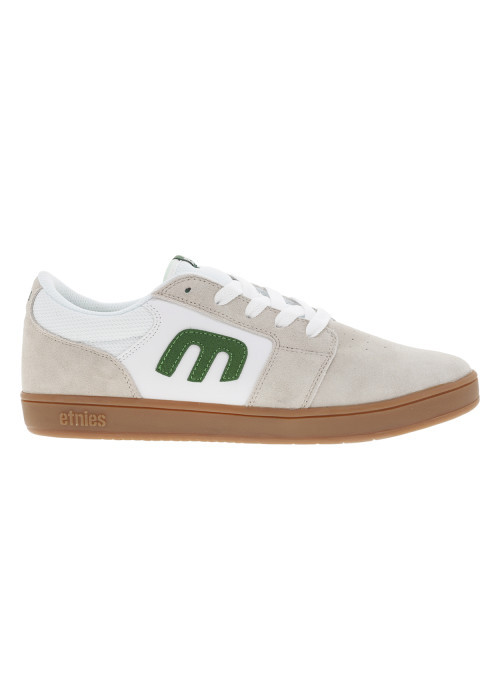 Baskets skate beiges en cuir à semelle marron avec logos verts et lacets plats