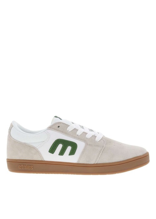 Baskets skate beiges en cuir à semelle marron avec logos verts et lacets plats - Image 2