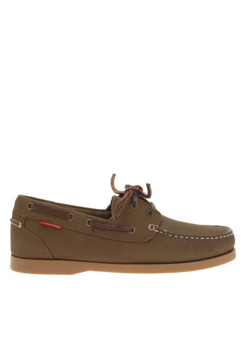Mocassins bateau en cuir marrons avec des surpiqûres beiges à talon décroché bas