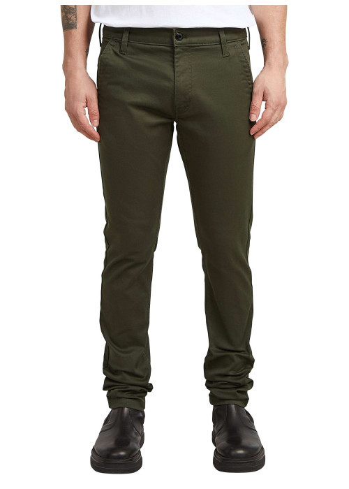 Pantalon 5 poches en coton kaki uni avec une coupe skinny et des passants
