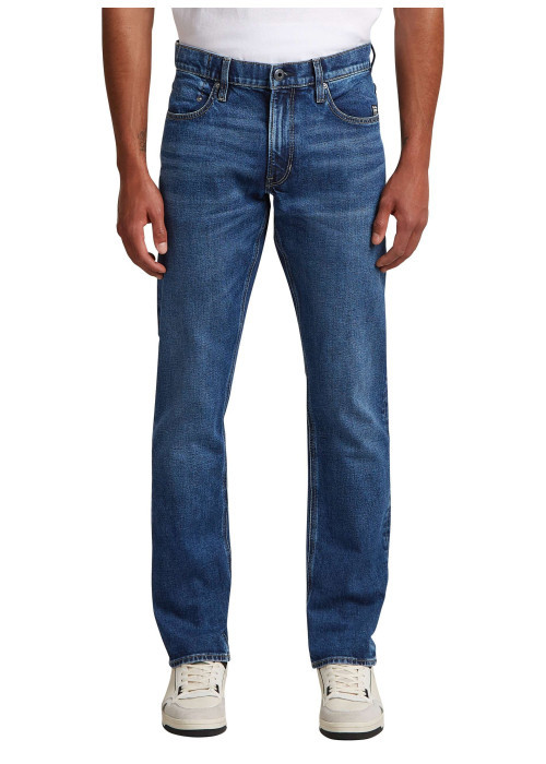 Jean en coton bleu avec une coupe droite et des passants pour ceinture