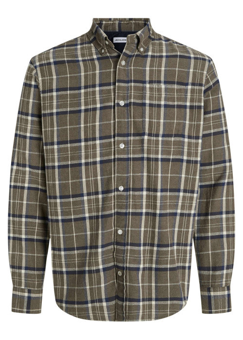 Chemise en coton kaki à carreaux en flanelle avec coupe droite et col américain