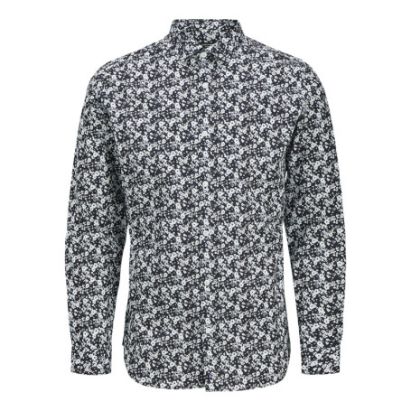 Chemise en coton marine fleurie à coupe slim...