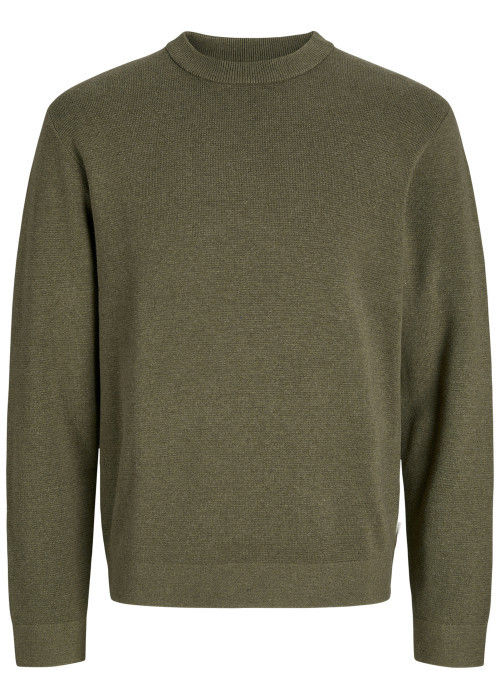Pull manches longues en coton kaki en maille fine à coupe droite avec col rond