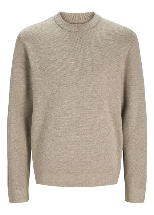 Pull manches longues en coton beige en maille fine à coupe droite avec col rond