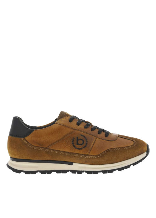 Sneakers en cuir cognac à talon plat avec lacets bicolores et logos de la marque