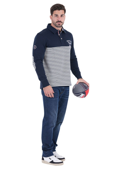 Polo en coton biologique marine rayé avec un col à revers et une coupe droite
