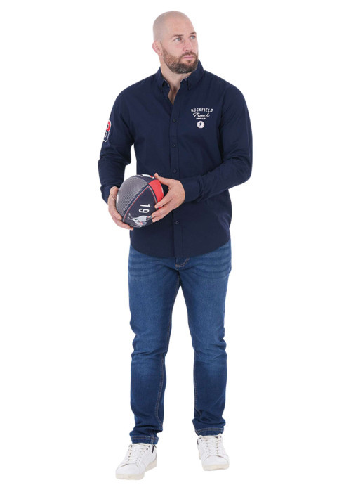 Chemise en coton biologique marine unie à coupe ajustée avec un col boutonné