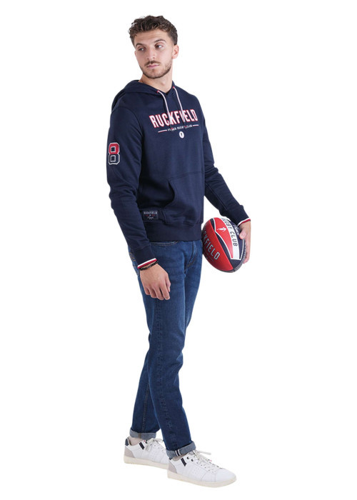 Sweat marine uni avec une coupe droite un col à capuche et des manches longues