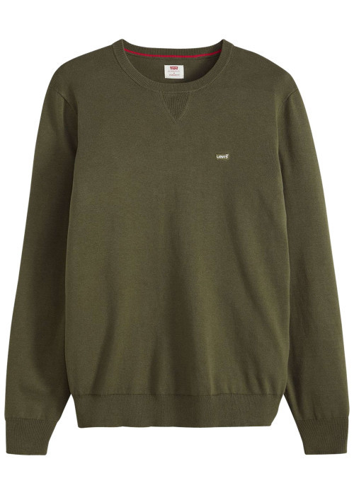 Pull en coton kaki uni avec un col rond et des manches longues