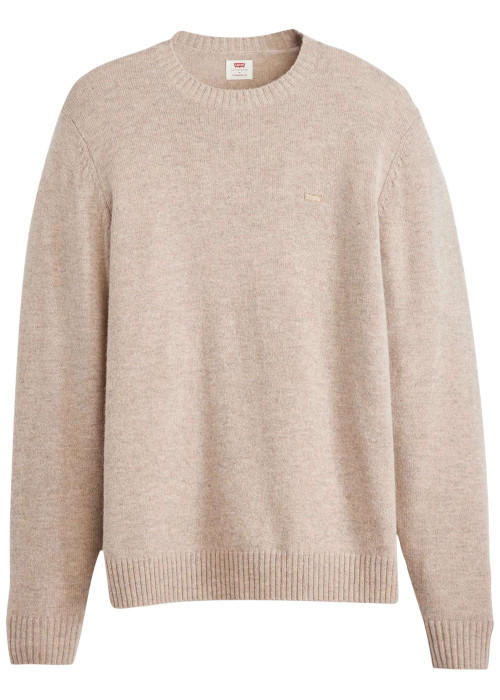 Pull beige uni en laine avec un col rond et logo de la marque sur la poitrine