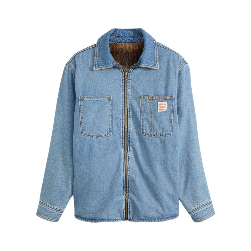 Levi's® - Blouson Réversible En Coton Bleu Jean Clair Uni Et Moumoute Motif écossais - Bleu Jean Clair