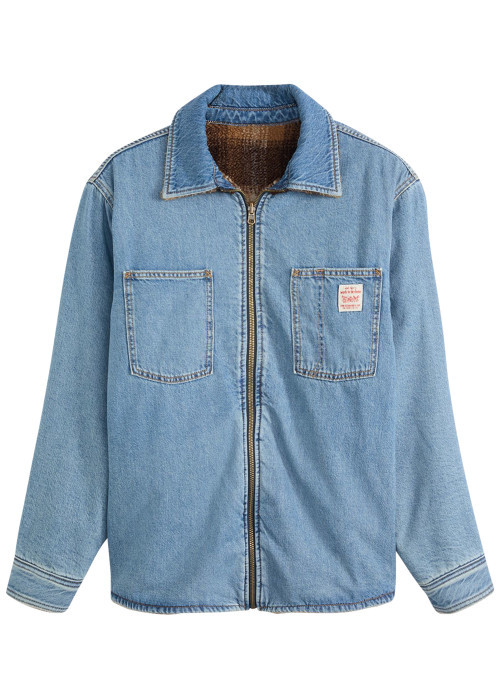 Blouson réversible en coton bleu jean clair uni et moumoute motif écossais