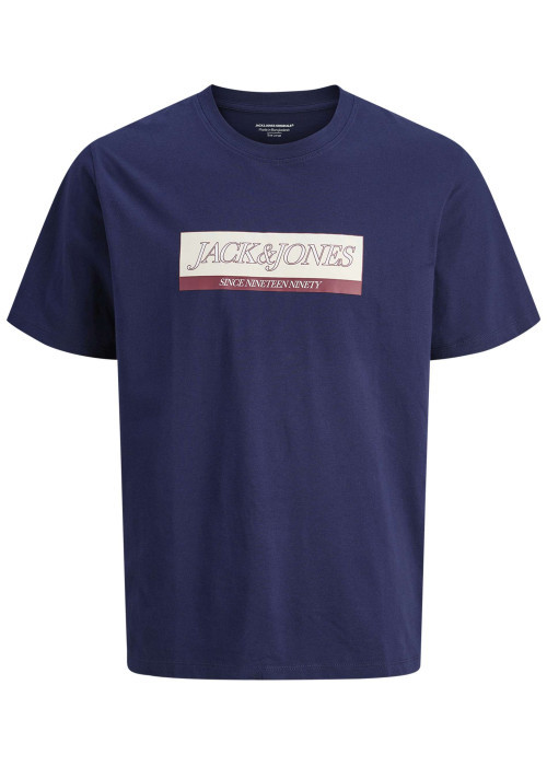 T-shirt en coton marine avec un logo rouge imprimé et un col rond