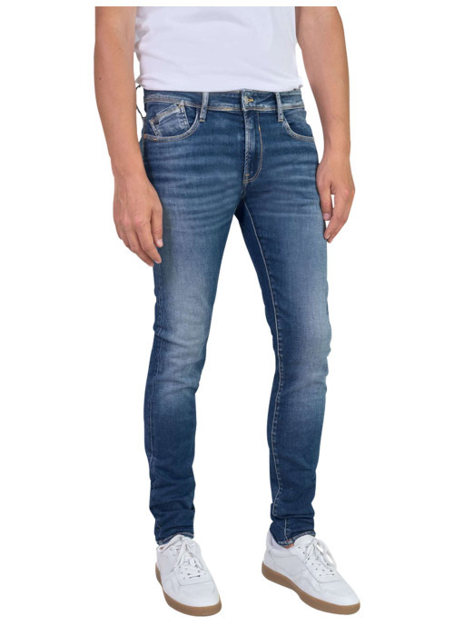 Jean en coton mélangé bleu uni avec une coupe droite et des passants