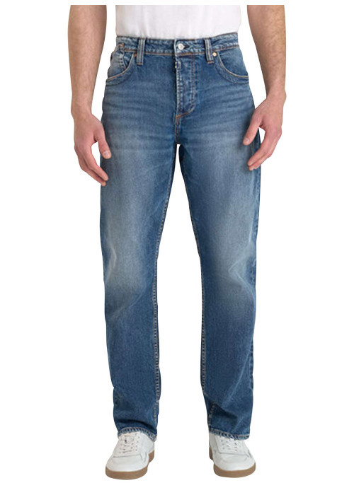 Jean en coton bleu uni avec une coupe droite et un zip de fermeture