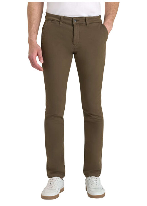 Pantalon Chino en coton mélangé taupe uni avec coupe slim et passants