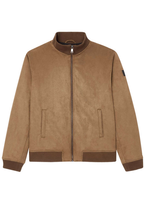 Blouson en cuir taupe uni avec une coupe droite et un col montant