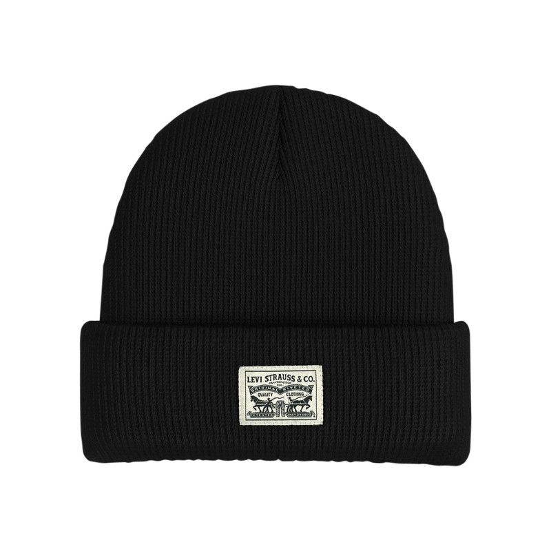 Levi's® Acc. - Bonnet En Coton Noir Uni Avec Large Revers Et Logo De La Marque à L'avant - Noir Levi's® Acc. - Bonnet En Coton Noir Uni Avec Large Revers Et Logo De La Marque à L'avant - Noir