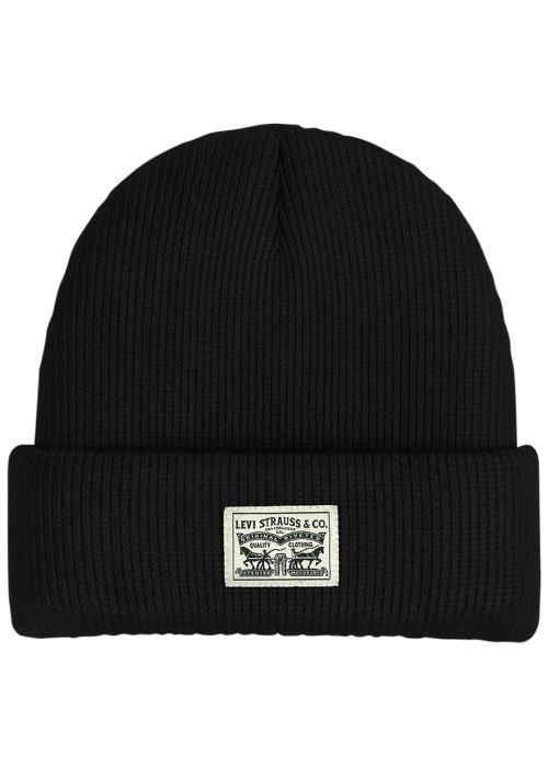 Bonnet en coton noir uni avec large revers et logo de la marque à l'avant
