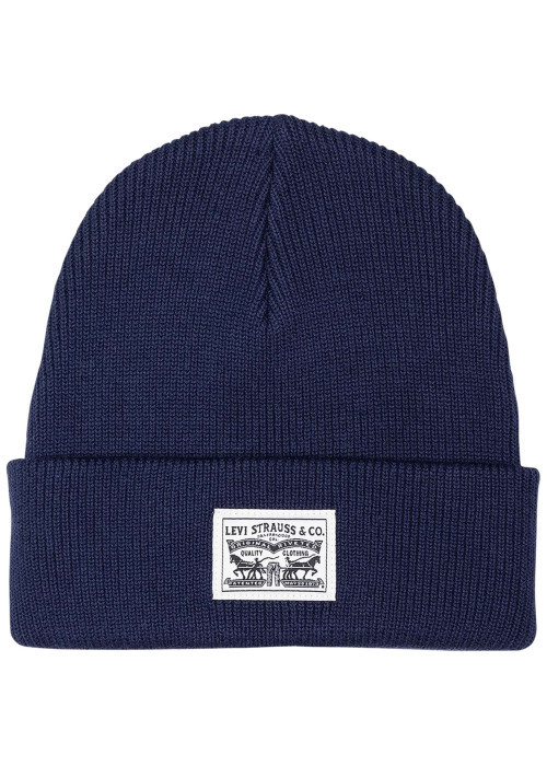 Bonnet marine uni en coton avec large revers et logo de la marque à l'avant