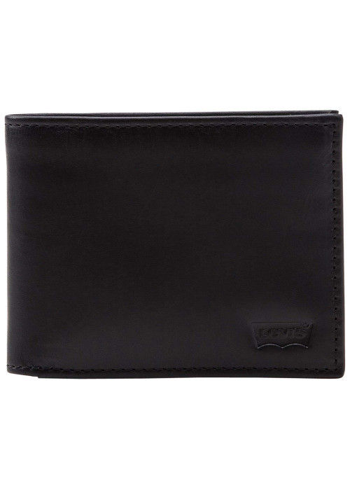 Petit portefeuille en cuir noir uni format italien avec le logo embossé