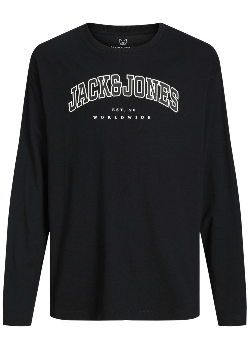 T-shirt manches longues en coton noir uni avec une coupe droite et un col rond
