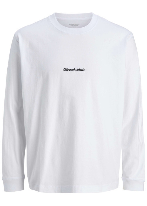 T-shirt à manches longues en coton blanc uni à coupe droite avec un col rond