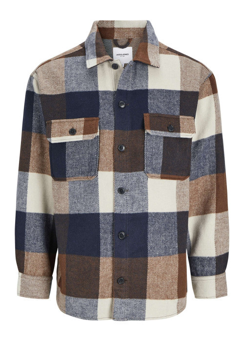 Chemise marine à carreaux avec une coupe droite et un col à revers