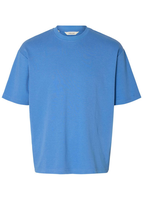 T-shirt Oscar bleu uni à coupe loose avec col rond et manches courtes