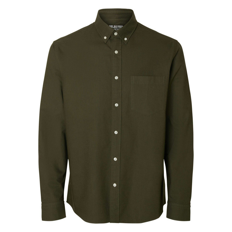 Selected - Chemise Rick En Coton Kaki Unie à Coupe Droite Avec Un Col Américain - Kaki Selected - Chemise Rick En Coton Kaki Unie à Coupe Droite Avec Un Col Américain - Kaki