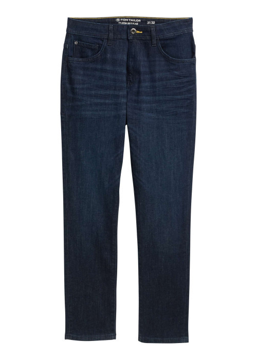 Jean en coton bleu brut légèrement délavé avec une coupe slim