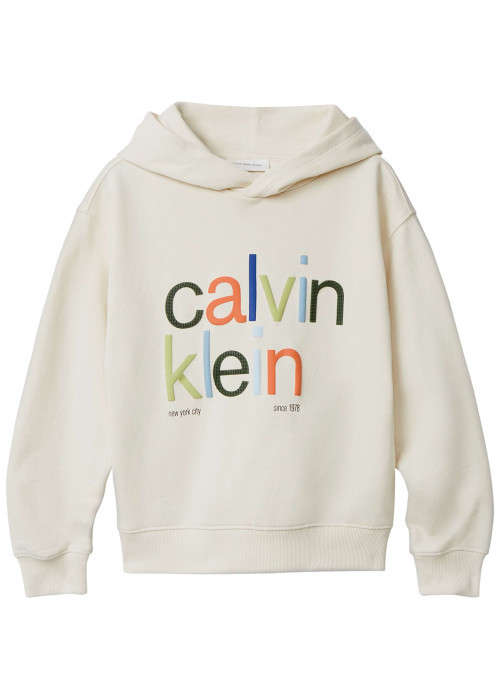 Sweat à capuche en coton écru uni à coupe droite avec le nom de la marque