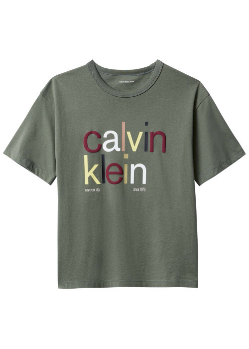 T-shirt en coton kaki uni à col rond avec le nom de la marque imprimé