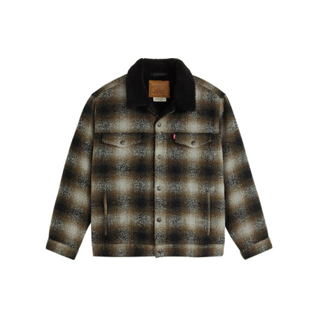 Blouson brun motif écossais avec un col chemise...