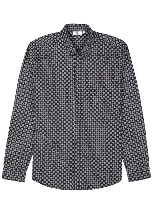 Chemise en coton marine à coupe droite avec un motif fantaisie
