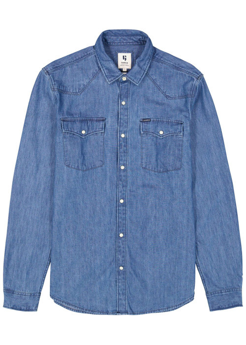 Chemise en coton bleu jean clair uni à coupe droite avec un col chemise