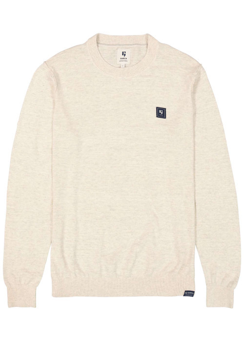 Pull en coton écru uni à coupe droite avec patch de la marque