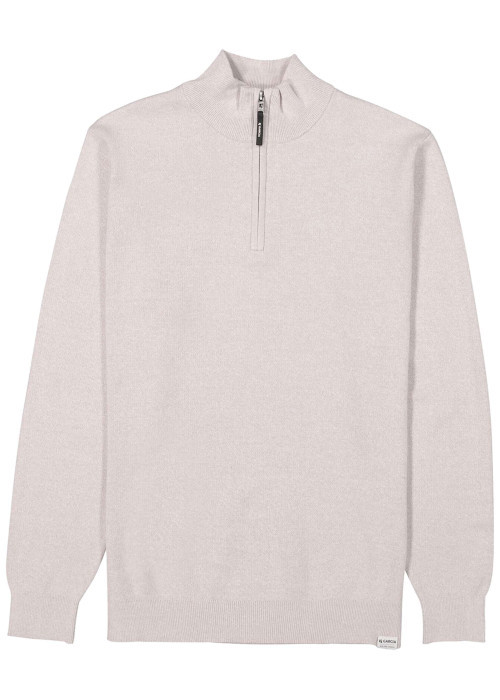 Pull en coton beige uni avec un col zippé et des manches longues
