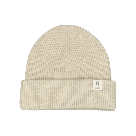 Bonnet beige uni en maille côtelée avec un...