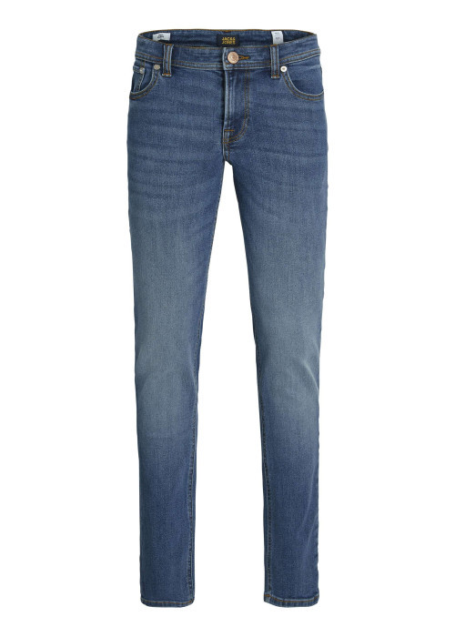 Jean glenn en coton bleu avec une coupe slim et des passants pour ceinture