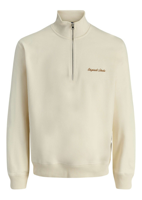 Sweat en coton écru uni avec un col montant et fermeture à glissière
