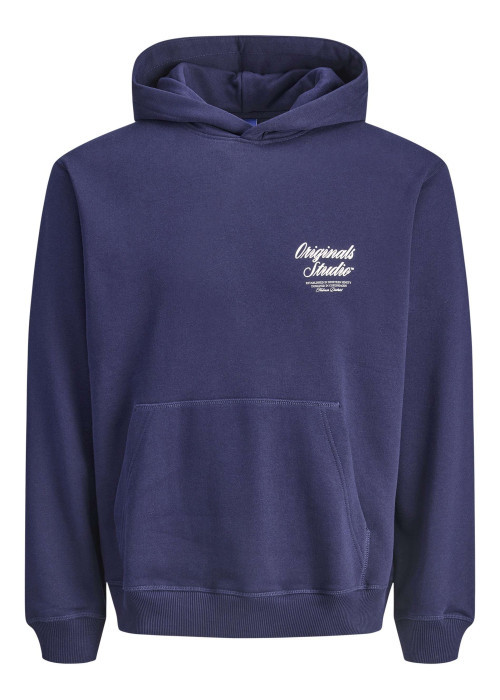 Sweat en coton marine uni avec un col à capuche et poche traversante