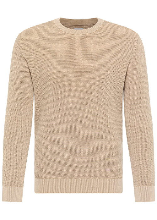 Pull en coton beige uni avec un col rond et des manches longues