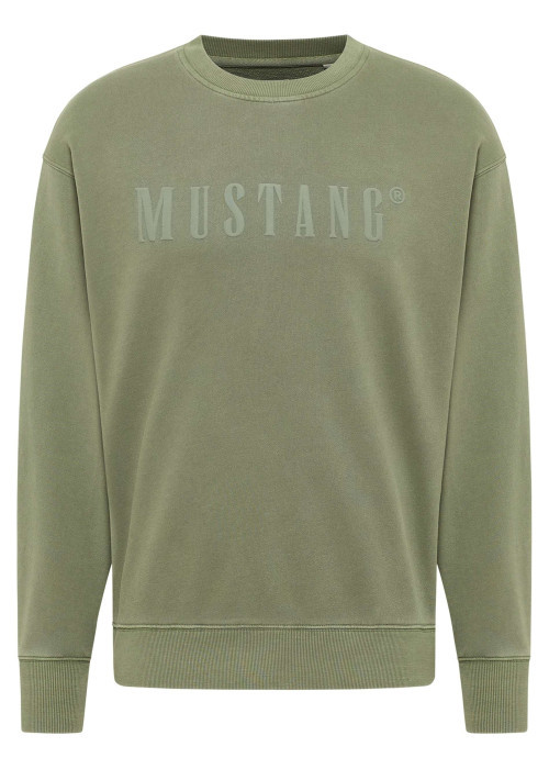 Pull en coton kaki uni avec un col rond et des manches longues