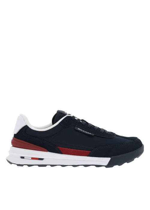 Baskets basses en cuir bleu marine avec logos de la marque et lacets plats