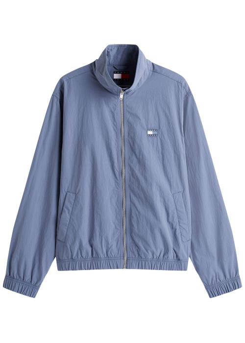 Blouson bleu uni avec une coupe droite col et une fermeture zippée