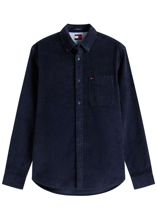 Chemise en coton marine unie avec une coupe droite et un col chemise