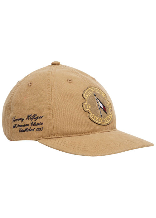 Casquette 6 pans en coton beige unie avec écusson iconique brodé