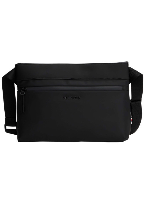 Sac à bandoulière noir uni avec logo en métal et fermeture zippée
